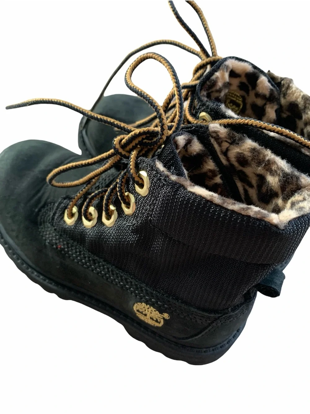 Timberland Kids Black Boots with Brown Laces and Leopard Collar Size 9